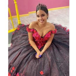 Black Mexican Quinceanera Off The Shoulder Lace Up Princess Prom Dresses For 15 Years Vestidos 0521