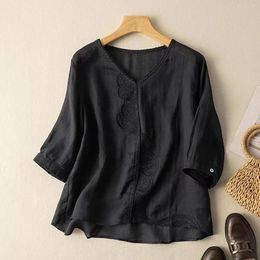 Women's Blouses 2024 Spring And Summer Shirt Retro Loose Embroidery V Neck Tops Solid Colour Casual Short Sleeve Blouse