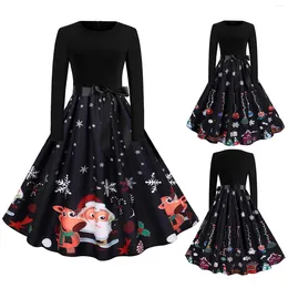 Casual Dresses Christmas O-Neck Long Sleeve Snowman Snowflake Printed A-line Holiday Party Vintage Print Women Costumes