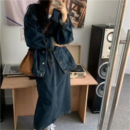 Work Dresses PLAMTEE Retro Jeans Women Suits Casual Spring All Match Slim Denim Coats High Waist Straight Loose Skirts OL Two Pieces Sets