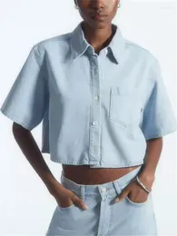 Women's Blouses Women Turn-Down Collar Denim Shirt Single Breasted One Pocket Female Light Blue Short Blouse Summer 2024