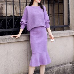 Work Dresses Spring Autum Women Knitted 2 Piece Sets Slash Neck Bating Sleeve Sweater Top Ruffle Pencil Skirts Suits