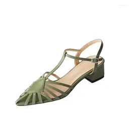 Dress Shoes Summer Sandals Square Heels Narrow Band Women Pointed Toe T Strap Ladies Elegant Green Beige Large Size 43