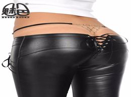 Meise 2017 NEW Fashion Low Waist Super Sexy Faux Leather and Glossy PVC Pants Low Waist Bandage Zipper Crotch Detail Slim 5235372