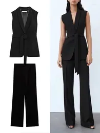 Women's Two Piece Pants TRAFZA Suit Sleeveless Belted Slim Jacket Thin Top Side Zip High Waisted Pure Colour Set