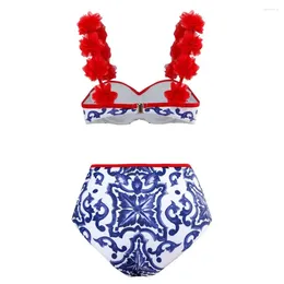 Women's Swimwear Halter Bikini Extra Soft Breathable Swimsuit Set Padded Print Bra Panties Floral Ruffle Bandage Women