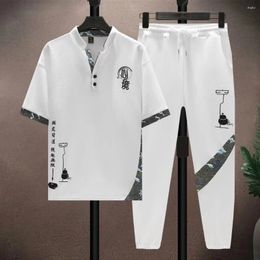 Men's Tracksuits 2024 Summer Chinese Retro Style Ice Silk Cool Loose Set Short Sleeved Long Pants Casual Sports Fashion Two Piece