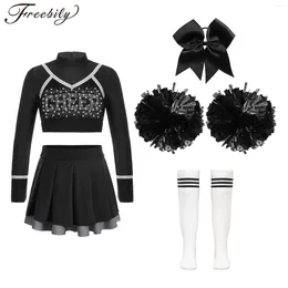 Clothing Sets Kids Girls Cheerleader Uniform Dance Costumes Glittery Rhinestone Long Sleeve Print Crop Top With Pleated Skirt And Pompoms