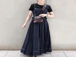 Denim Dress Women 2020 Spring Korean Fashion Causal Halter Blue Jeans Long Midi Pleated Dresses Brown Robe Sundress Vestidos2293695