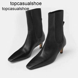 Toteme Short shoes Square designer Kitten Channel~Pure Original Heel Boots French Head Muller Medium Heel Thin Leather Slim Boots