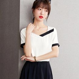 Women's Blouses Short-sleeved Shirt Women 2024 Summer Design Sense Niche Colour Contrast Chiffon Top