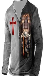 Men039s TShirts Vintage Knight Vneck 3d Print Jesus Christ Gothic Long Sleeve For Men Oversized War ops Punk Streetwear 221017063260