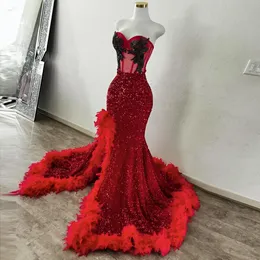 Sparkly Red Prom Dresses For Black Girls Diamond Feathers High Slit Party Gowns Long Sequin Robes De Soiree