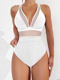 Women's Swimwear 2024 European American Large Size Solid Colour Mesh Backless Sexy Bikini Onepiece Swimsuit With Breast Pads No Wires