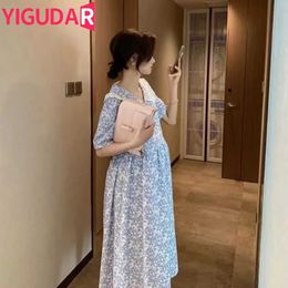 Maternity Dresses Pregnant Women Summer Pearl Necklace Sweet Bubble Sleeves High Temperature Pregnant Women Dress Square Necklace Casual d240520