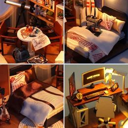 DIY Wooden Bedroom Casa Doll Houses Miniature Building Kits with Furniture Led Lights Dollhouse Toys for Girls Birthday Gifts