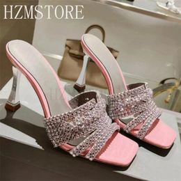 Slippers Square Toe Rhinestone Women High Heel Sexy Diamond Ladies Summer Sandals Cut Outs Crystal Party Wedding