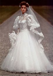 Vintage Ivory Tulle A Line Wedding Dresses Floor Length High Neck Puff Sleeves Long Bridal Gowns Lace Appliques Classic Bride Dress