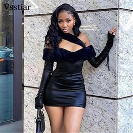 Casual Dresses Vsstiar Off Shoulder Faux Collar Mini Women Dress Black Long Sleeve Bodycon Leather PU Outfits Sexy Nightclub Party Vestidos