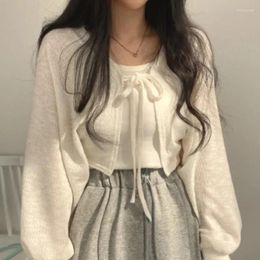 Women's Knits Fine White Cardigan Knitwear With Rope And Sun Protection Korean Casual Top Sweaters Y2k Tops Femme