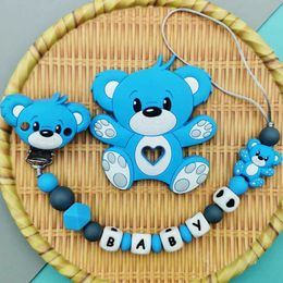 Pacifier Holders Clips# Customised English Russian silicone letter name baby bear silicone bead pendant pacifier clip teeth baby kawai toy gift d240521