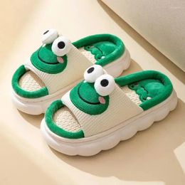 Slippers 2024 All-season Non-slip Thick-soled Cartoon Frog For Boys And Girls At Home Couples Linen