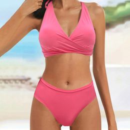 Women's Swimwear Women Ruched Drawstring Tankinis Solid V Neck 2 Piece Micro Bikinis Set Fashion Bathers Swimming Bathing Suit Beachwear