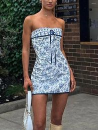 Casual Dresses Women Off Shoulder Mini Dress Sleeveless Floral Printing Lace Up Tube Y2k Bodycon Party Streetwear
