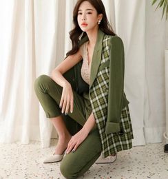 2020 New Office Ladies 2 Piece Set Double Breasted Patchwork Plaid Green Blazer High Waist Suit Pants Women Pant Suit6671153