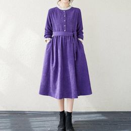 Casual Dresses Autumn Winter Women Long Sleeve Dress Purple Corduroy Lace Up Mid Length Loose Vestidos Elegant Girls Fashion Clothing
