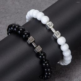 Strand 2pcs/Set Natural Stone Dumbbell Beaded Bracelet Black Beads Fitness Fit Life Prayer Bracelets Bangles Barbell Men Jewellery