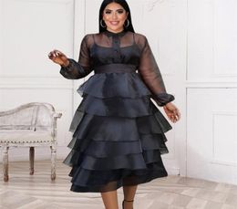 Black Dresses Plus Size Ruffles Long Sleeve See Through Sexy Ball Gown Evening Party Occasion Event Robe Drop 2105278770474