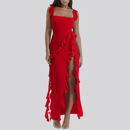 Casual Dresses Sexy Red Ruffles High Splits Prom Dress For Women Fashion Square Neck Slim Fit Wedding Party Female Backless Maxi