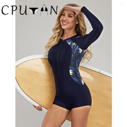 Women's Swimwear CPUTAN 2024 One Piece Swimsuit Push Up Women Print Boyshorts Sport Long Sleeves Beachwear Monokini Surfing Bathing Suit