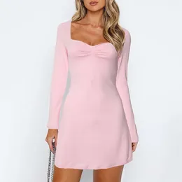 Casual Dresses Elegant Long Sleeves Women's Solid Colour Square Collar Winter Mini Dress Sleeve Pleated Side Slit Bodycon