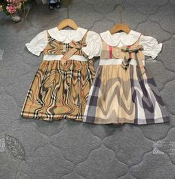 Top baby dress summer Lace cuffs design girl skirt Size 90-140 designer toddler dresses Bow decoration Kids frock Dec05