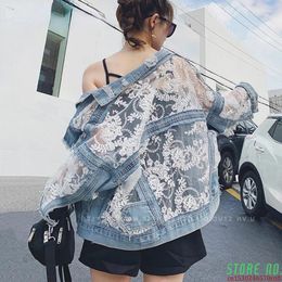 Women's Jackets Streetwear Lace Patchwork Jean Hole Denim Jacket Coat Women Oversized Long Sleeve Perspective Flower Embroidery Loose