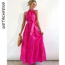 Casual Dresses Summer Luxury Sleeveless Elegant Women's Long Dress Fashion Red Plaid Belt Big Swing A-Line Party Evening Maxi Clothes