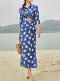 Work Dresses Two Piece Set For Women 2024 Spring Summer Women's Floral Skirt Suit Shirt Temperament Elegant Print Split