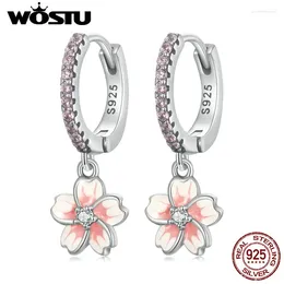 Hoop Earrings WOSTU Vintage Flower Crystal Women 925 Sterling Silve Pink Cherry Blossoms Drop Earring Wedding Statement