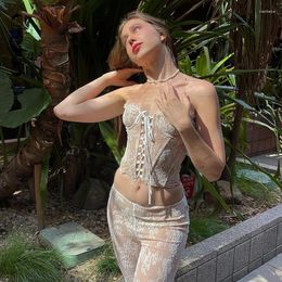 Women's Two Piece Pants BoozRey Women Lace Sleeveless Backless Bandage Crop Top And Long Flare Suit Sexy Tank Y2k Corset Trousers Outfits