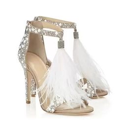 Elegant Nude Crystal Embellished High Heel Sandals Feather Tassel Gladiator Sandals Women Shoes Pumps Female Wedding Sandalias mujers