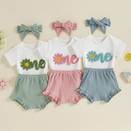 Clothing Sets FOCUSNORM 0-18M Lovely Baby Girls Birthday Clothes Set 3pcs Letter Floral Embroidery Short Sleeve Romper Elastic Shorts