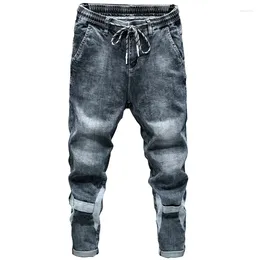 Men's Jeans For Men Blue Grey Loose Fit Patched Elastic Waist Leisure Good Quality Clothes Trousers Denim Pants Cowboys