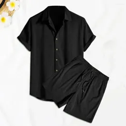 Men's Tracksuits Men Two-piece Suit Casual Lapel Collar Outfit Shirt Elastic Waist Shorts Set With Adjustable For Summer