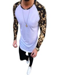 2019 Floral Patchwork Long Sleeve Round Neck TShirt Men Slim Fit Casual Summer Top3183870