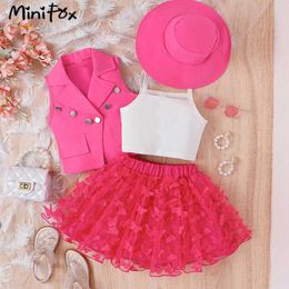 Clothing Sets MiniFox Childrens Clothing Girls Blazer Sets Lapel Blazer Coat+Camisole+Butterfly Skirt+Hat 4pcs Summer Suit For Girls Elegant Y2405206KWS