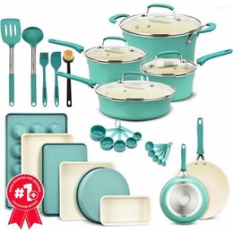 Cookware Sets 23 Piece Green Multi-Sized Cooking Pots With Lids Skillet Fry Pans And Bakeware