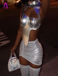 Women039s Tanks Camis PU Leather Women Tank Top Solid Silver Mock Neck Irregular Hollow Out Crop 2022 Summer Sexy Night Club 6416767