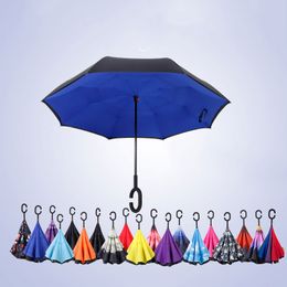 Long Shank Inverted Umbrella C-Shaped Handle Double Layer Anti-UV Waterproof Windproof Reverse Folding Straight Umbrellas Car Rain Outdoor Customise Logo HY0153